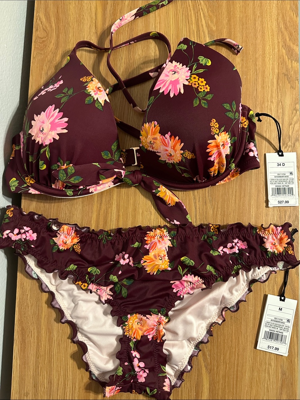 Shade & Shore Burgundy Floral Ruffle Bikini